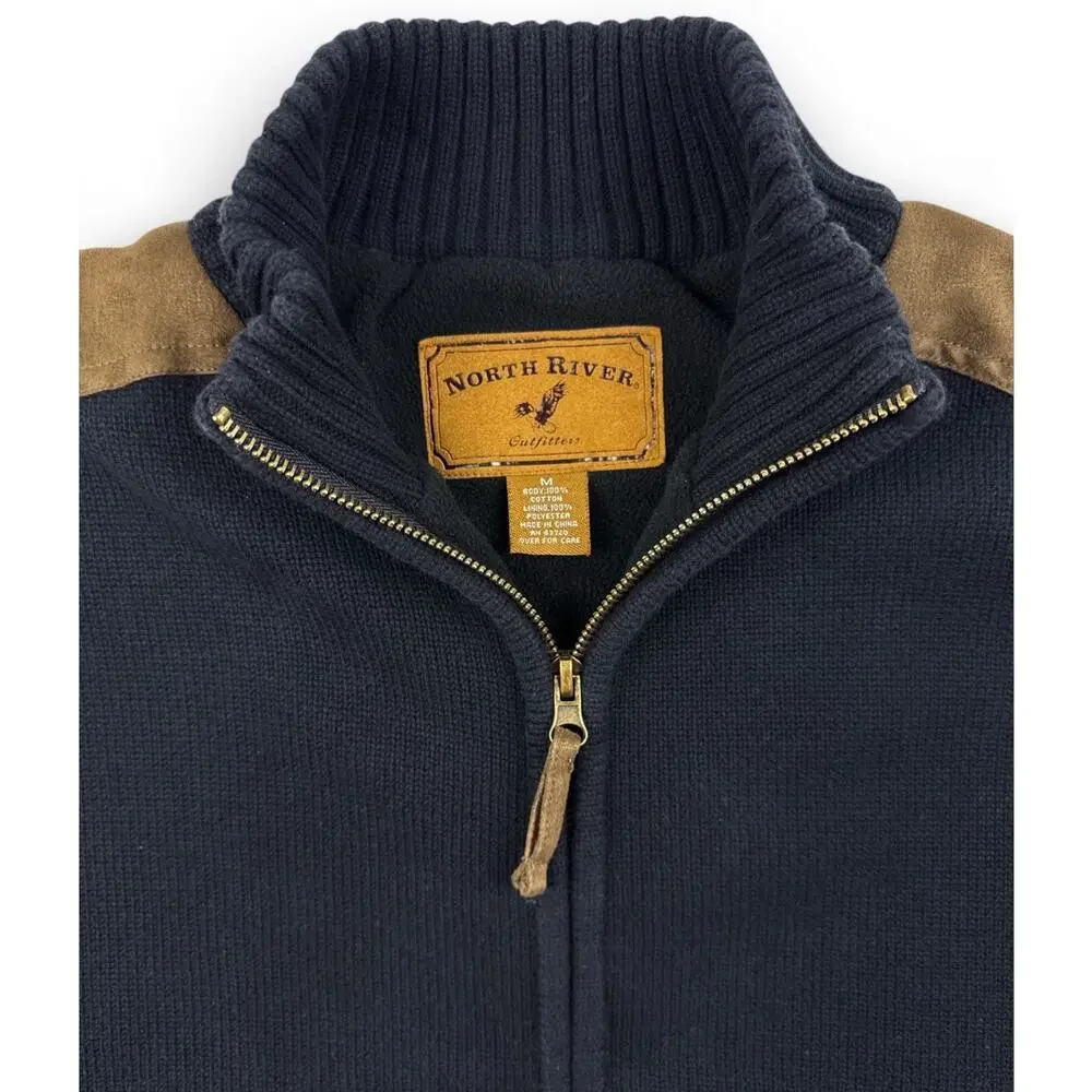 North River Sweater Jacket Mens M Full Zip Black Beige Suede Shoulder Lined